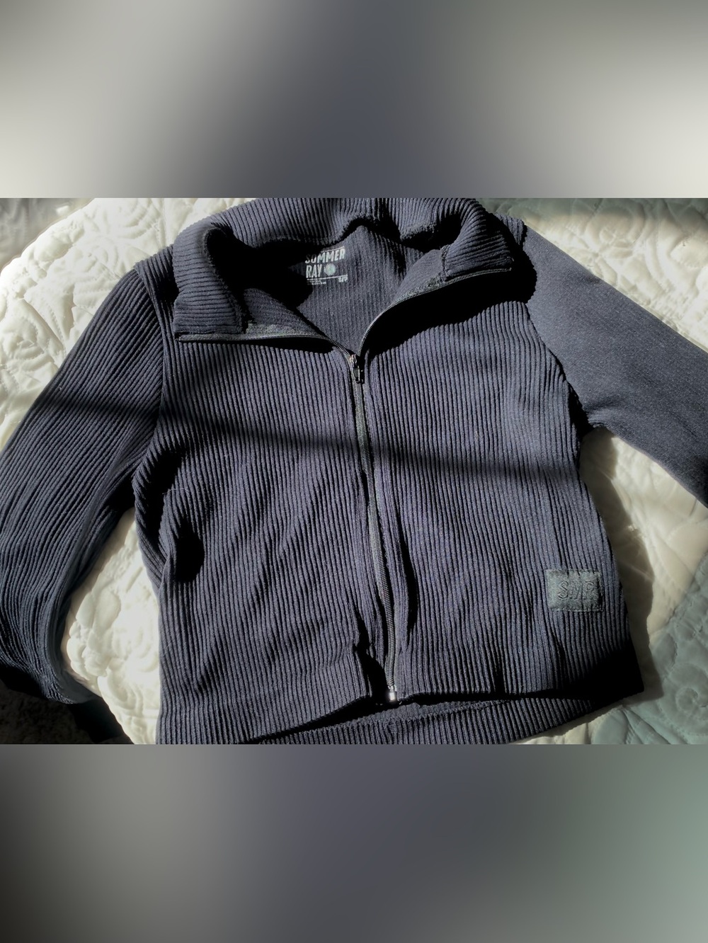 Black Ribbed Crop Zip Jacket